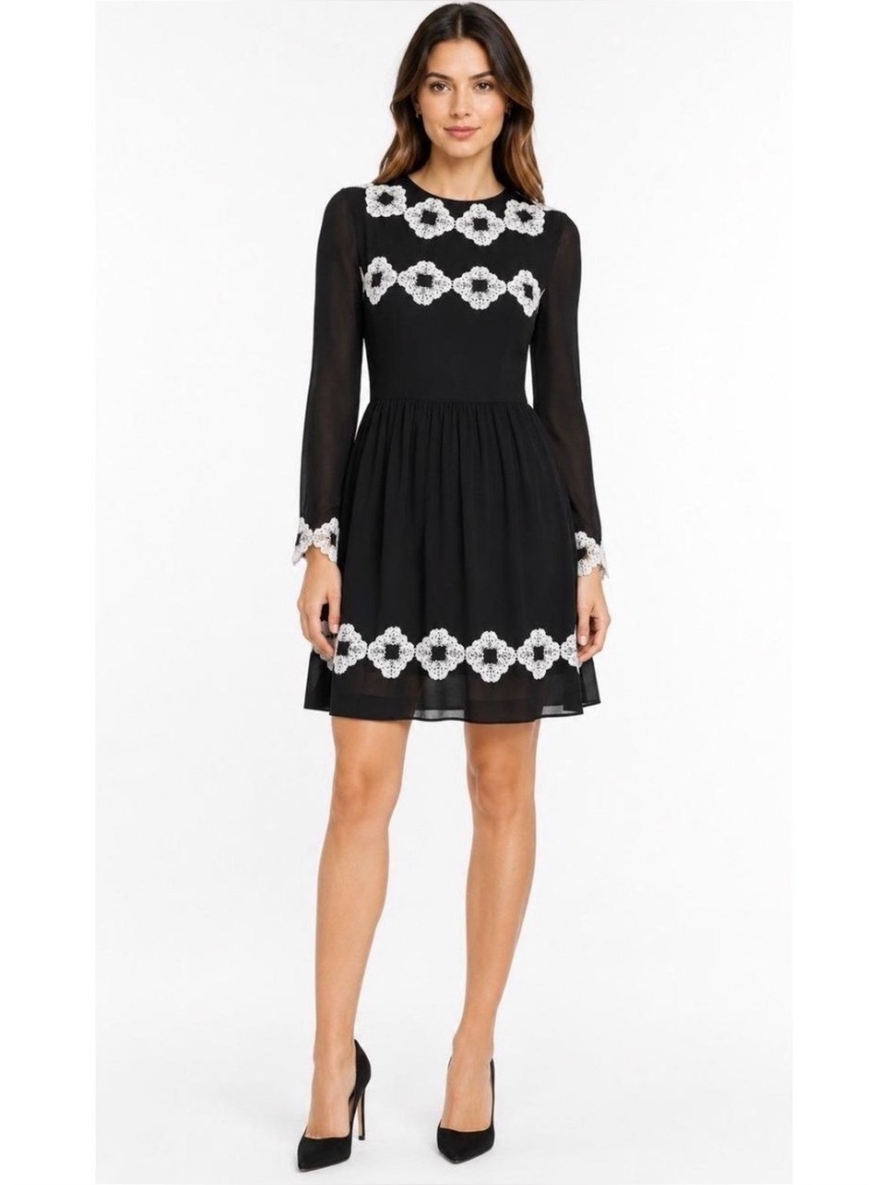 Ted Baker Size 5 - Like New - Black Long-Sleeve Chiffon Dress White Floral Trim